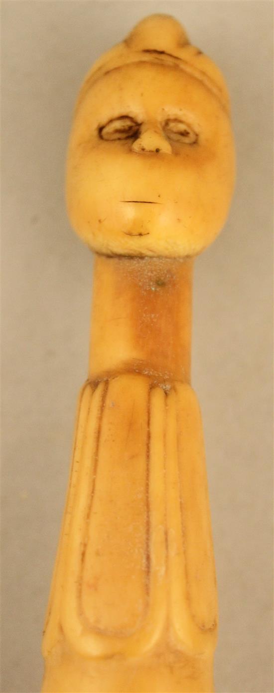 A 19th century African Chokwe ivory fly whisk handle, 8.25in.